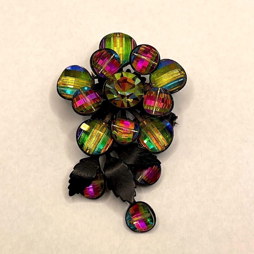 Vintage black brooch colorful crystals